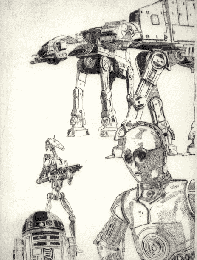 Radierung Kaltnadelradierung Star Wars Roboter R2D2 Original CBY art etching und drypoint